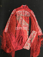 Silver Red Rhinestone Fringe Jumpsuit Stage Performance Outfit Dancer Catsuit
