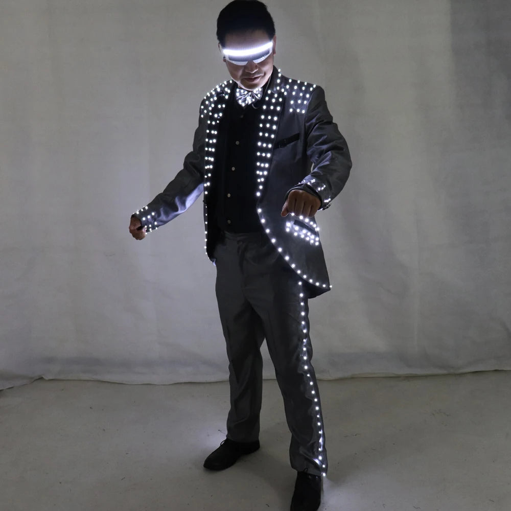 Unisex LED Host Suit Luminous Tuxedo and Magician Costumes PU Material for Wedding Ceremonies and Party Show Stage
