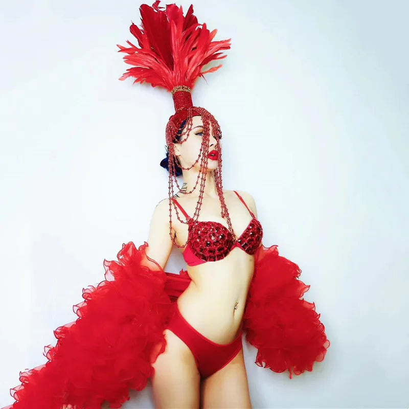 Red White Feather Beading Headgear Rhinestones Bikini Set for Nightclub Bar Leading Dance Team Model Show Performance Costume