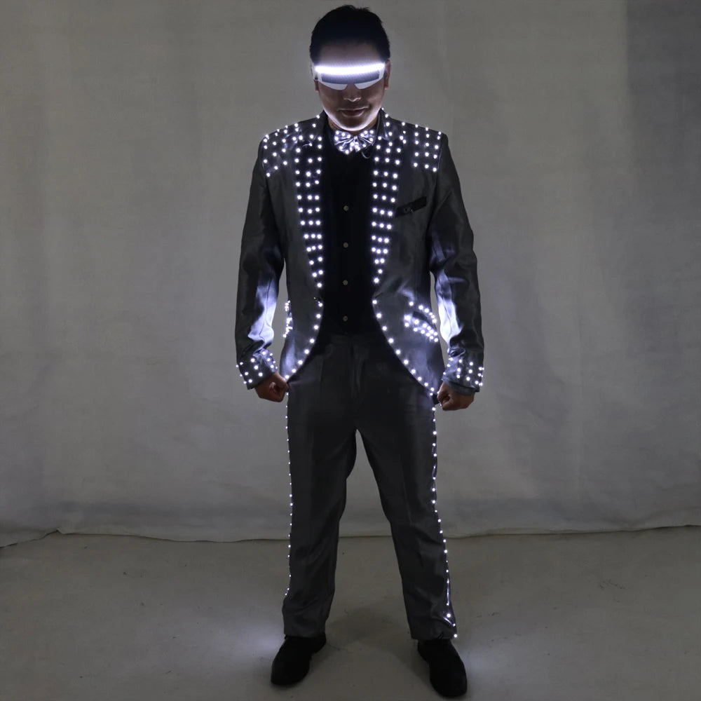 Unisex LED Host Suit Luminous Tuxedo and Magician Costumes PU Material for Wedding Ceremonies and Party Show Stage
