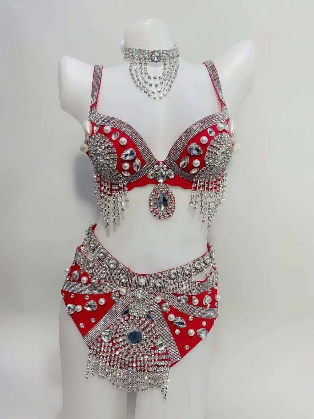 Sparkly Rhinestone Beading Tassel Bikini Sexy Nightclub Stage Wear Fringe Bra High Waist Short DJ Rave Outfit Nightclub Costume
