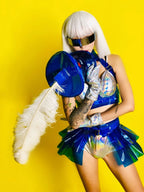 Holographic Silver Laser Bikini, Ruffle Skirt & Captain Hat 3-Piece Stage Costume Set