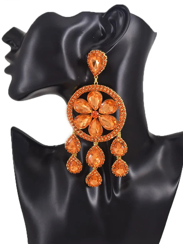 Sparkly 5.1" Glass Crystal Tassel Drop Earrings Drag Queen Stage Jewelry