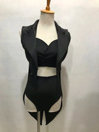 Female Jazz Dance Team Costume Black Yellow Bikini Tailcoat 3 Pieces Set Women Singer Nightclub Sexy Stage Wear Cosplay Outfits