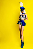 Holographic Silver Laser Bikini, Ruffle Skirt & Captain Hat 3-Piece Stage Costume Set