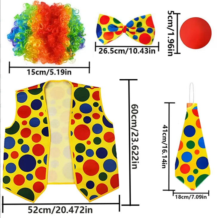 PESENAR Polka Dot Clown Costume Accessory Set with Rainbow Wig, Vest, Bow Tie, Tie and Red Nose