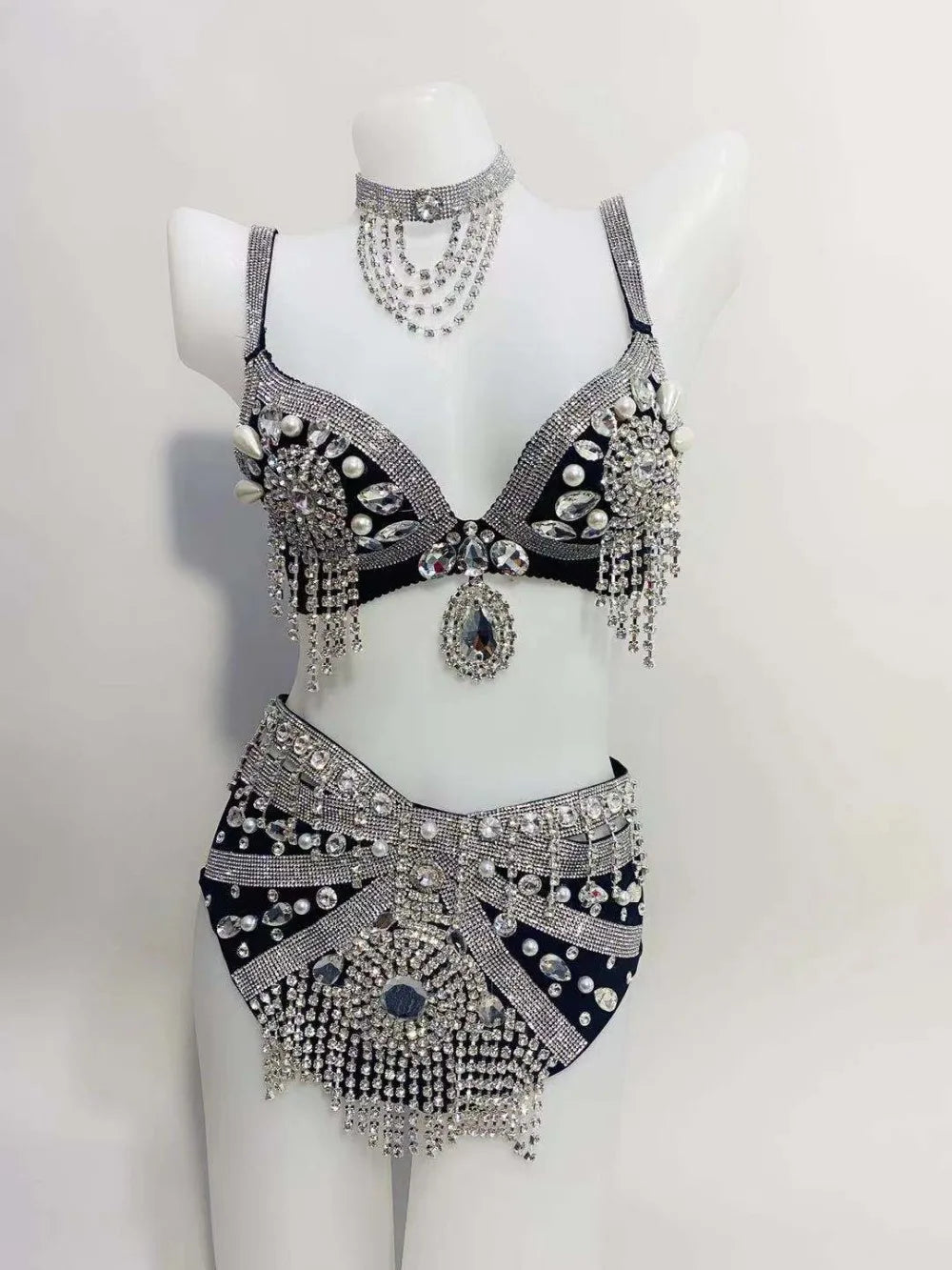 Sparkly Rhinestone Beading Tassel Bikini Sexy Nightclub Stage Wear Fringe Bra High Waist Short DJ Rave Outfit Nightclub Costume