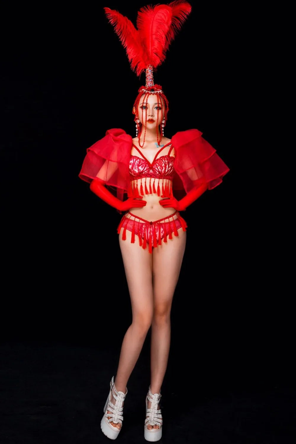 Red Feather Beading Headgear Bikini Dance Outfit Women Nightclub Party Show Stage Wear Bar Concert Singer Performance Costume