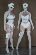 White Cyber Military Commander Bodysuit & Harness Set Men's & Women's Stage Dance Costume