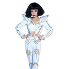 White Studded Punk Rivet Crop Jacket & Pants 2-Piece Singer Stage Costume Set