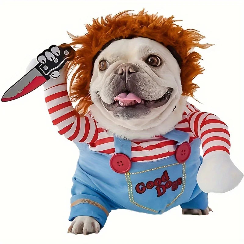 Halloween Summer Spring Striped Funny Bloody Doll with Knife Dog Costume for Holiday Party Pet Supplies