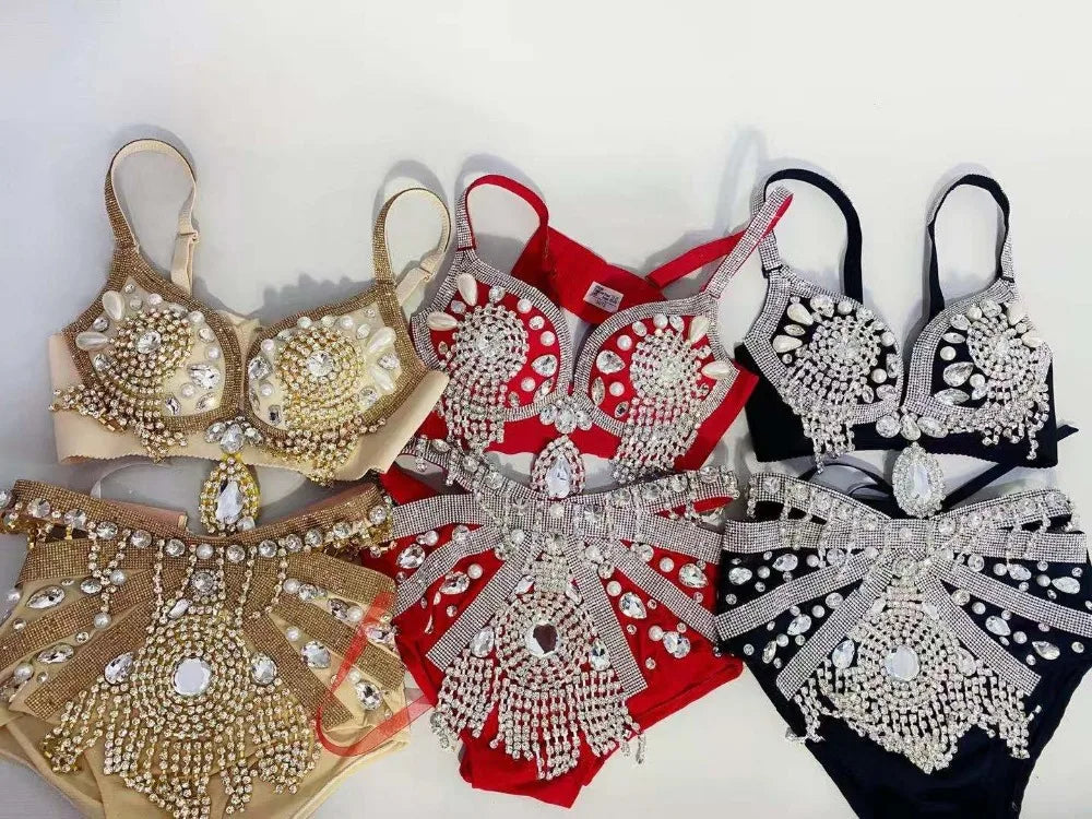 Sparkly Rhinestone Beading Tassel Bikini Sexy Nightclub Stage Wear Fringe Bra High Waist Short DJ Rave Outfit Nightclub Costume