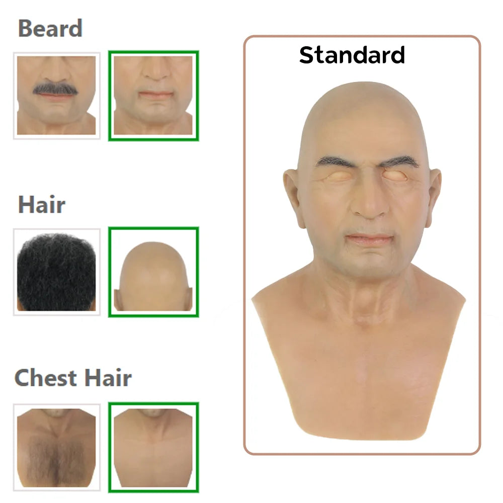 Male Headgear Full Silicone Head Mask Actor Middle Aged Man Face for Cosplay Halloween Party Masquerade Ball Film Props