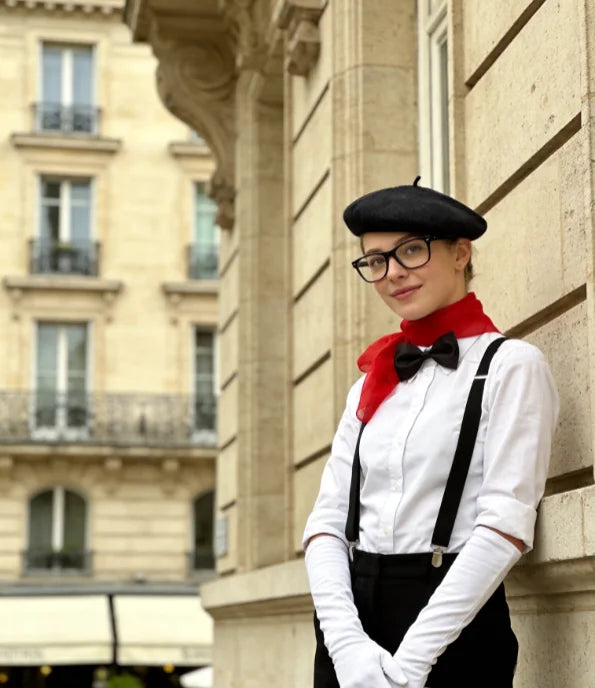 PESENAR French Mime Artist Costume Accessory Set with Beret, Red Scarf, Bow Tie, Glasses and White Gloves