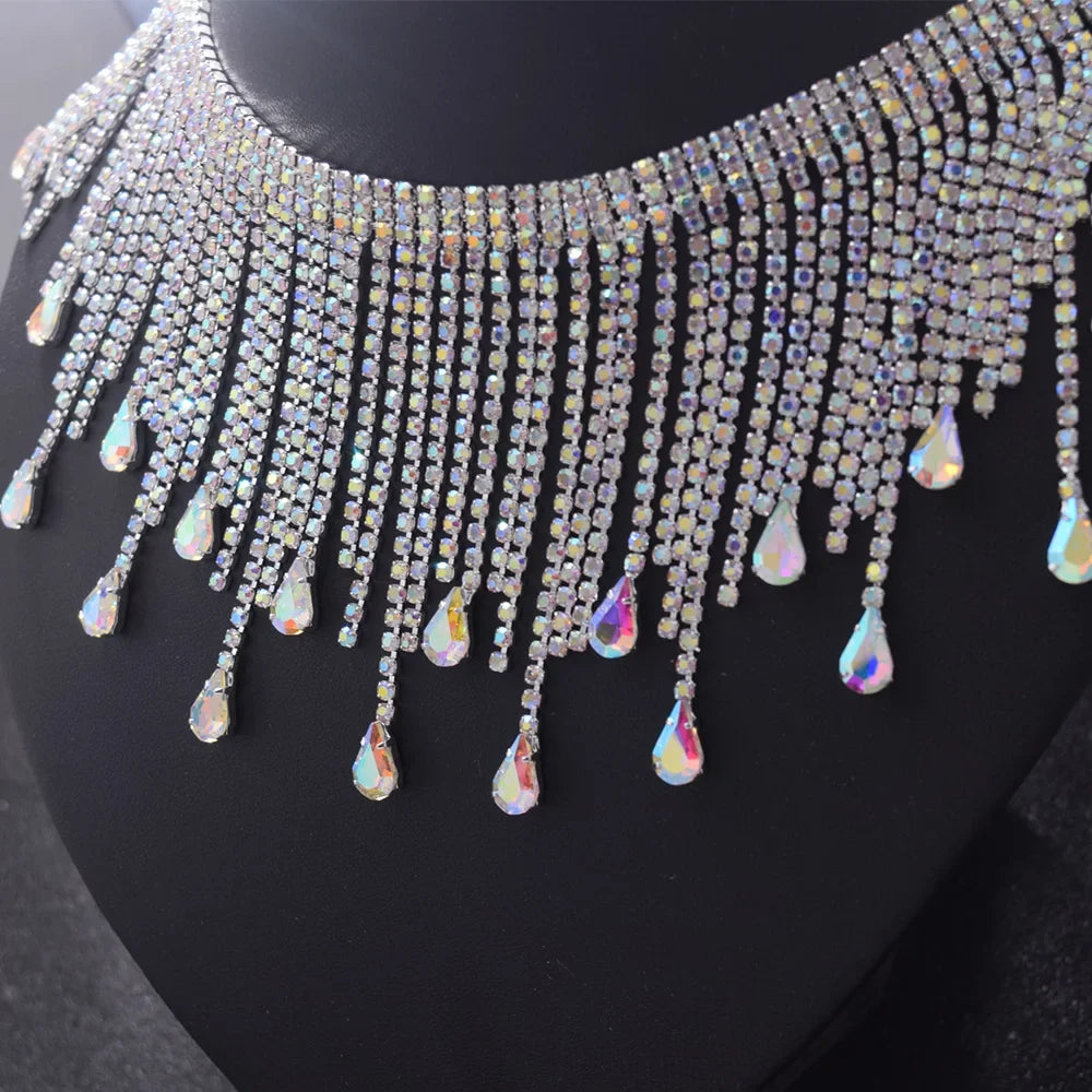 5YDS Crystal AB Rhinestone Fringe Trim 3.1" Tassel Applique Sew-On Stage Costume Border