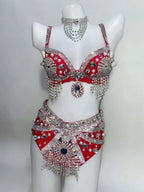 Sparkly Rhinestone Beading Tassel Bikini Sexy Nightclub Stage Wear Fringe Bra High Waist Short DJ Rave Outfit Nightclub Costume
