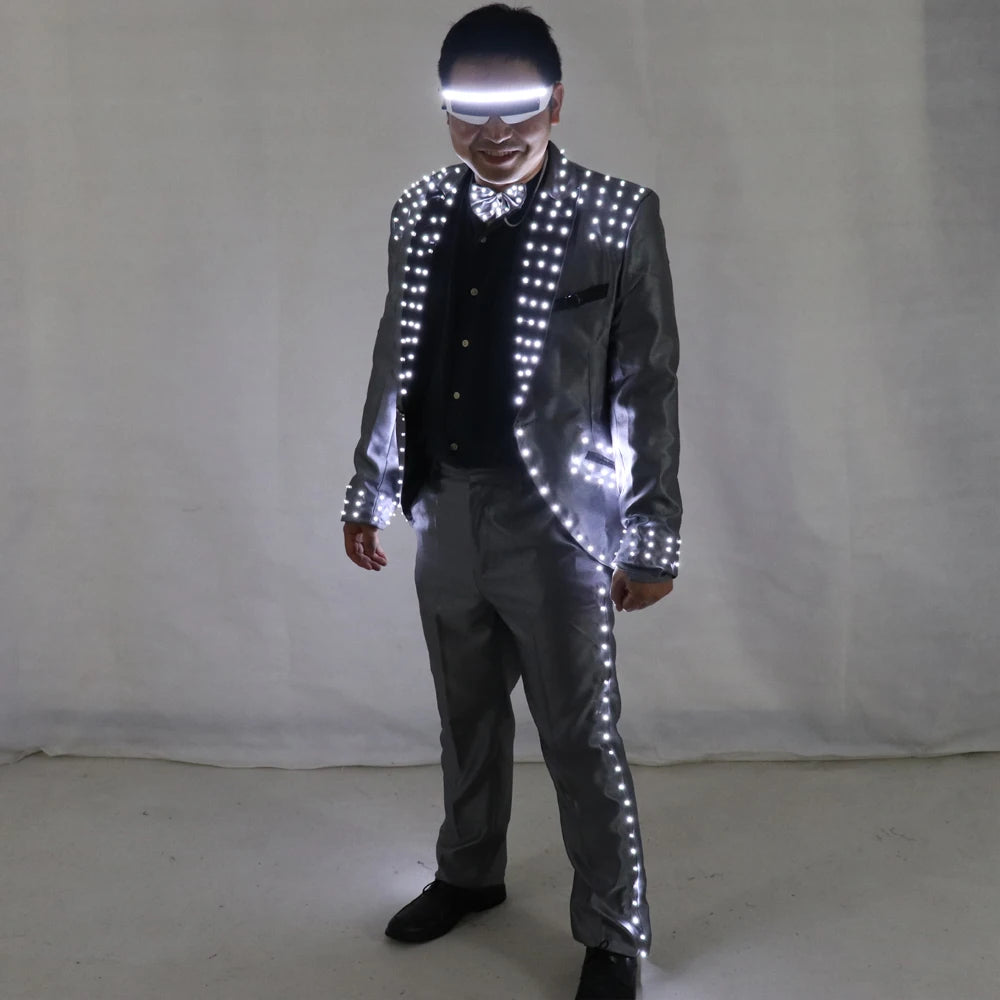 Unisex LED Host Suit Luminous Tuxedo and Magician Costumes PU Material for Wedding Ceremonies and Party Show Stage