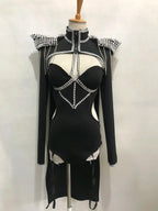 Black Rivet Chain Epaulet Cloak Showgirl Bodysuit Set – Glamour Stage Performance Costume