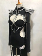 Black Rivet Chain Epaulet Cloak Showgirl Bodysuit Set – Glamour Stage Performance Costume