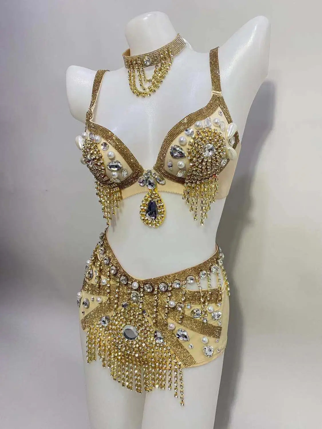Sparkly Rhinestone Beading Tassel Bikini Sexy Nightclub Stage Wear Fringe Bra High Waist Short DJ Rave Outfit Nightclub Costume