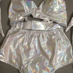 Holographic Silver Laser Bikini, Ruffle Skirt & Captain Hat 3-Piece Stage Costume Set