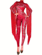 Silver Red Rhinestone Fringe Jumpsuit Stage Performance Outfit Dancer Catsuit