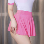 Shiny Sheer A-Line Pleated Micro Mini Skirt & Matching Bodysuit Set