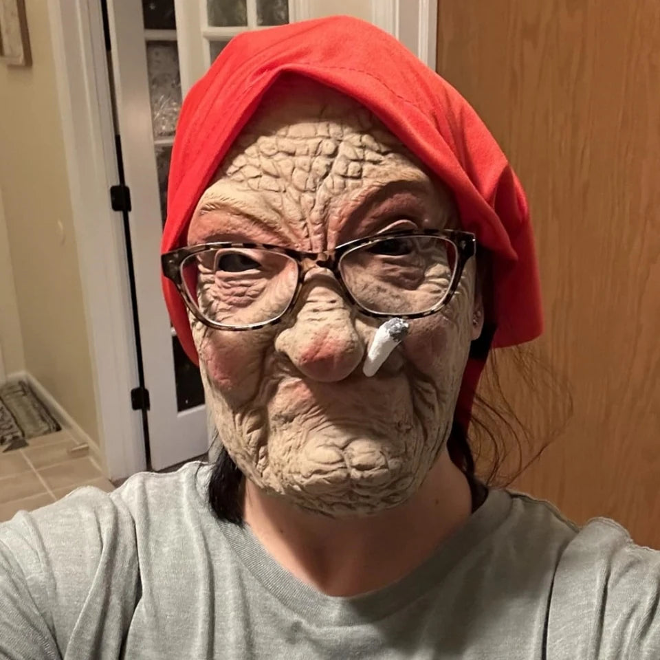 Funny Smoking Granny Old Nana Latex Mask Lady Grandma With Wrinkled Face and Red Scarf Masks Halloween Party Costume Props - Big Tim's Magic Emporium