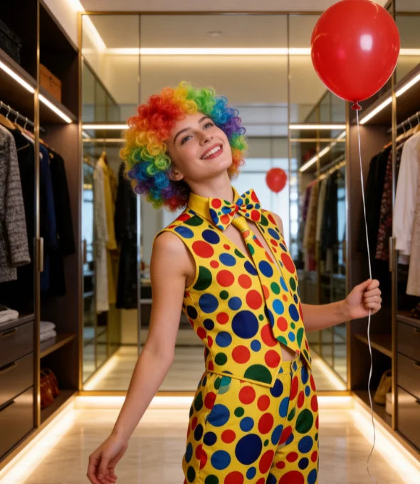 PESENAR Polka Dot Clown Costume Accessory Set with Rainbow Wig, Vest, Bow Tie, Tie and Red Nose - Big Tim's Magic Emporium