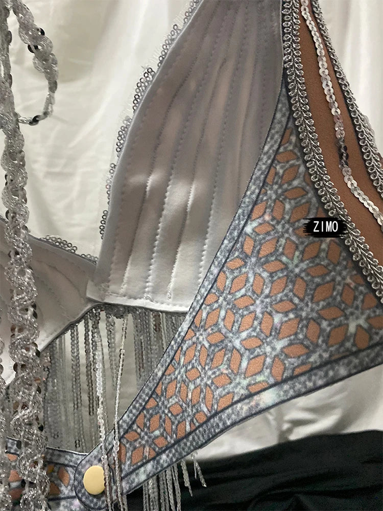 Silver Sequin Tassel Halter Bra & Shorts Stage Performance Set
