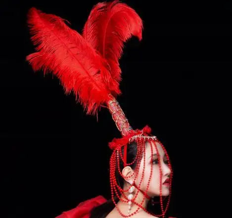 Red Feather Beading Headgear Bikini Dance Outfit Women Nightclub Party Show Stage Wear Bar Concert Singer Performance Costume