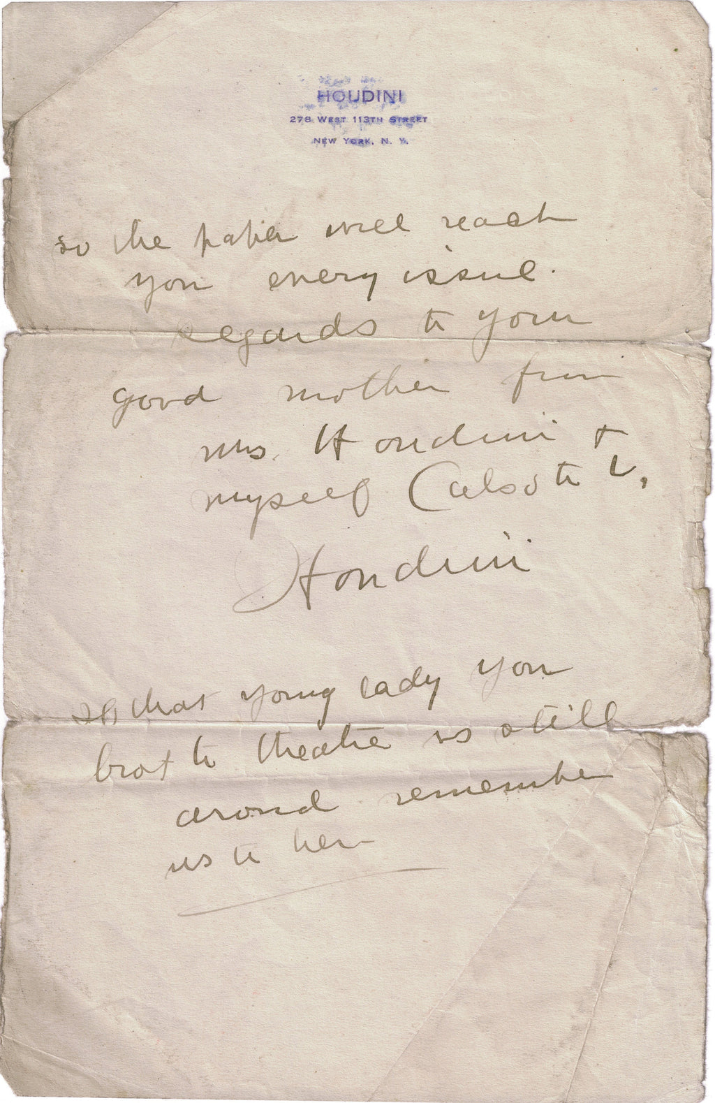 Harry Houdini Handwritten Word Cut from a Autograph Letter Signed Beckett BAS