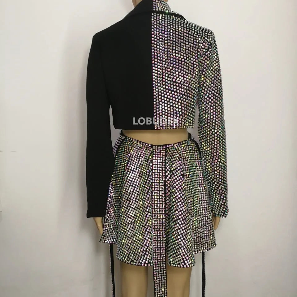 Sparkly Rhinestones Blazers Shorts Sexy 2 Pieces Set DJ Women Singer Nightclub Bar Concert Dance Costume Party Show Rave Outfit