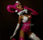 Pink Faux Leather Bikini, Furry Horns & Thigh-High Leg Covers 4-Piece Cosplay Stage Costume Set