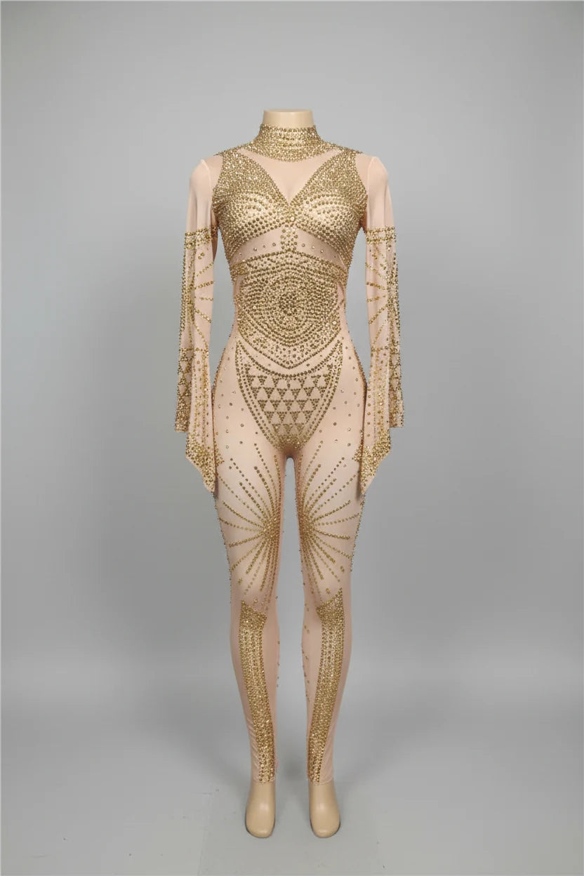 Gold Crystal Illusion Jumpsuit Long Sleeve Rhinestone Catsuit Stage Performance Wear