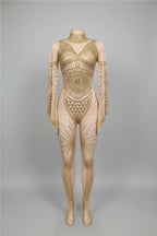 Gold Crystal Illusion Jumpsuit Long Sleeve Rhinestone Catsuit Stage Performance Wear