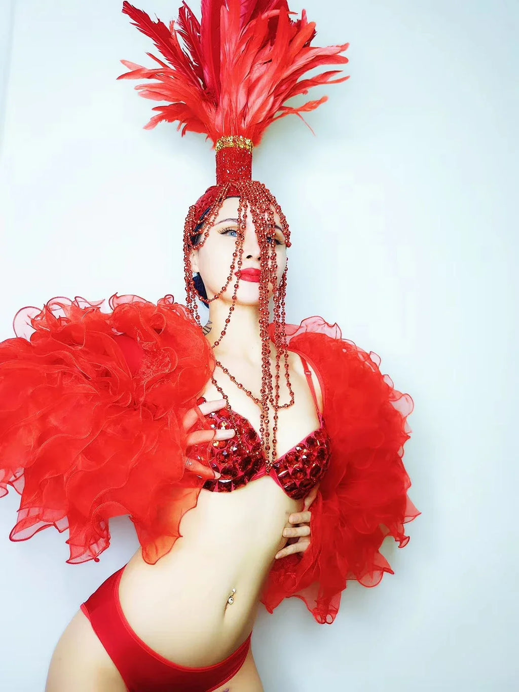 Red White Feather Beading Headgear Rhinestones Bikini Set for Nightclub Bar Leading Dance Team Model Show Performance Costume