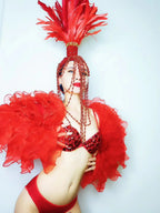 Red White Feather Beading Headgear Rhinestones Bikini Set for Nightclub Bar Leading Dance Team Model Show Performance Costume