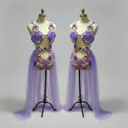 Purple Pearl Shell Crystal Bodysuit & Sheer Skirt 3-Piece Ocean Stage Costume Set