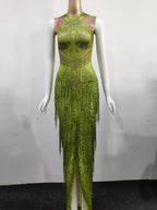 Sparkly Lime Green Rhinestone & Tassel Fringe Bodycon Dress Stage Performance Costume