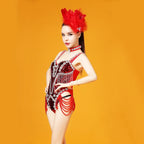 The Stardust Crimson Cabaret Bodysuit – Luxury Red Rhinestone & Chain Showgirl Costume