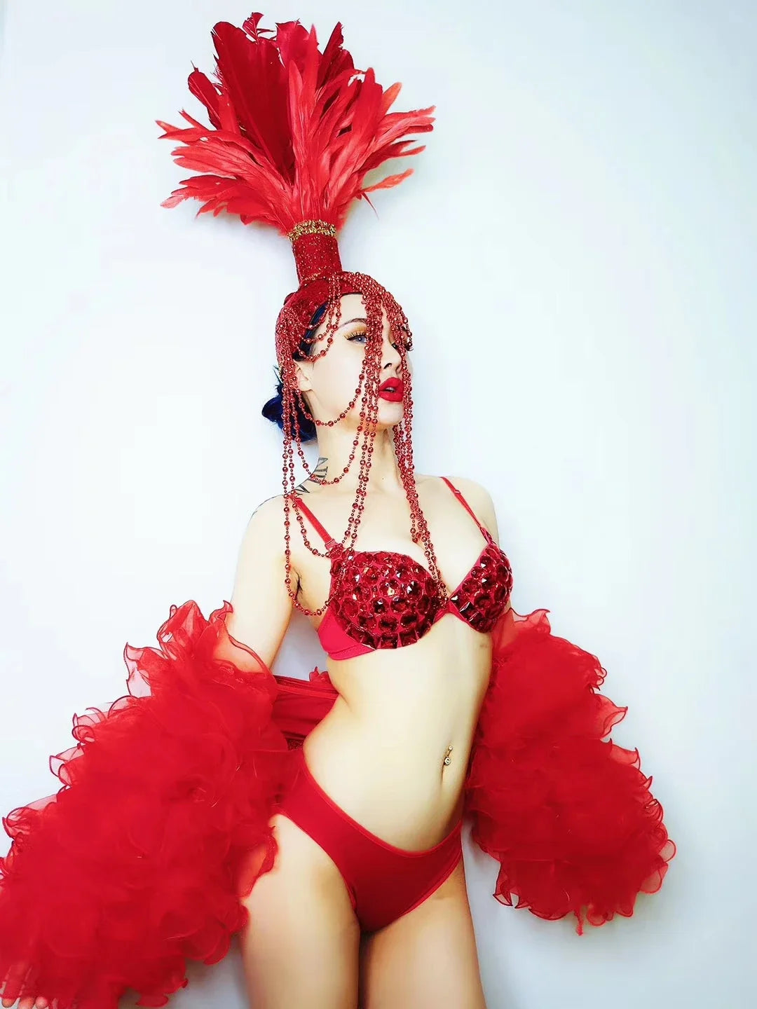 Red White Feather Beading Headgear Rhinestones Bikini Set for Nightclub Bar Leading Dance Team Model Show Performance Costume
