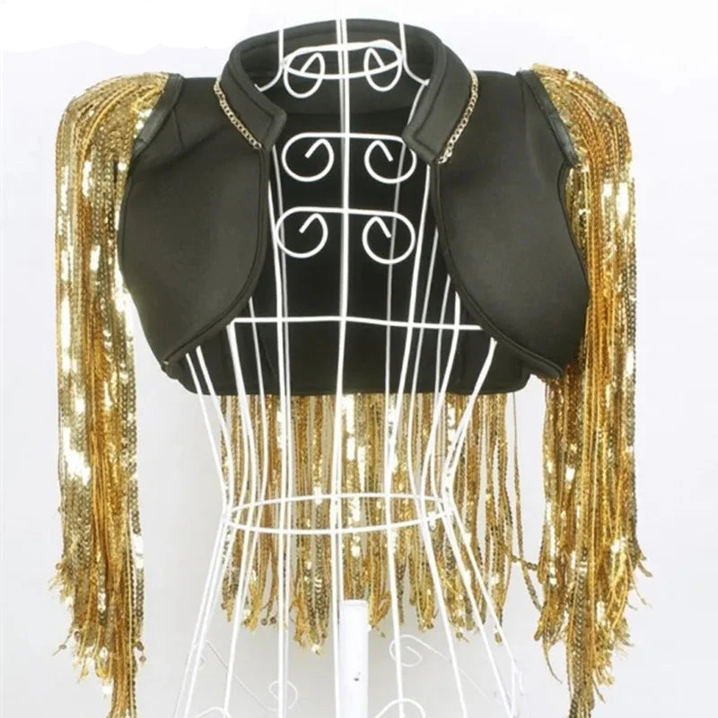 Metallic Sequin Tassel Showgirl Fringe Jacket – Unisex Stage Performance Crop Coat