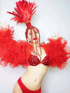 Red White Feather Beading Headgear Rhinestones Bikini Set for Nightclub Bar Leading Dance Team Model Show Performance Costume
