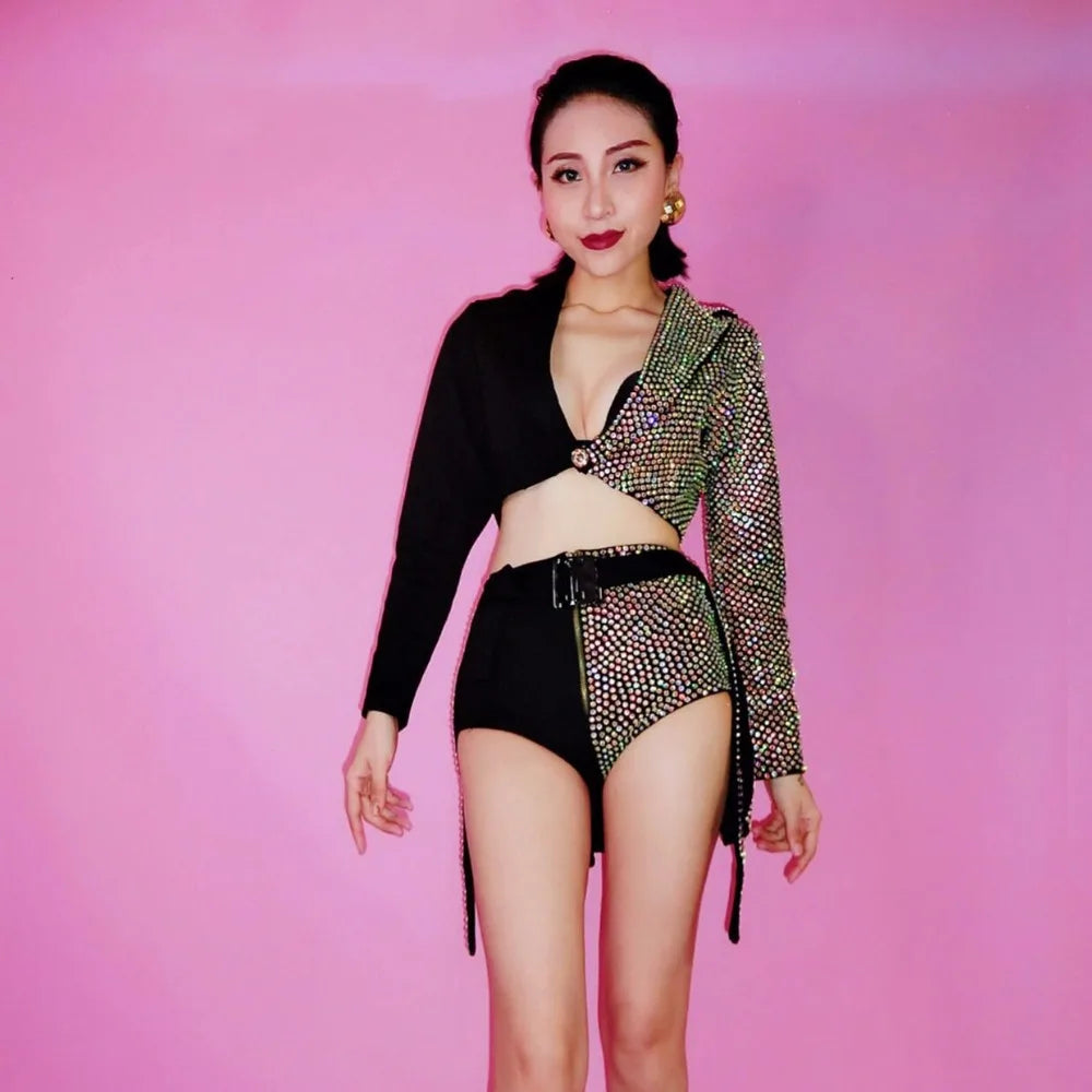 Sparkly Rhinestones Blazers Shorts Sexy 2 Pieces Set DJ Women Singer Nightclub Bar Concert Dance Costume Party Show Rave Outfit