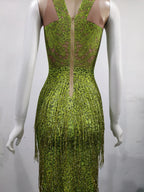 Sparkly Lime Green Rhinestone & Tassel Fringe Bodycon Dress Stage Performance Costume