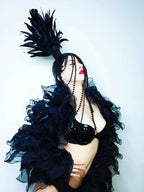 Red White Feather Beading Headgear Rhinestones Bikini Set for Nightclub Bar Leading Dance Team Model Show Performance Costume