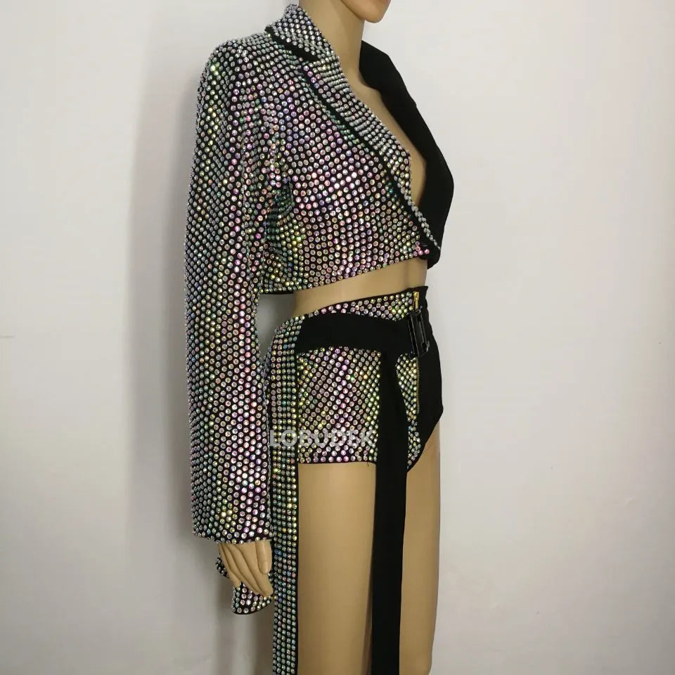 Sparkly Rhinestones Blazers Shorts Sexy 2 Pieces Set DJ Women Singer Nightclub Bar Concert Dance Costume Party Show Rave Outfit