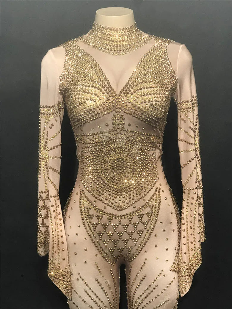Gold Crystal Illusion Jumpsuit Long Sleeve Rhinestone Catsuit Stage Performance Wear