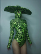 Zebra Stripe Cutout Bodysuit & Statement Big Hat 2-Piece Stage Dance Costume Set